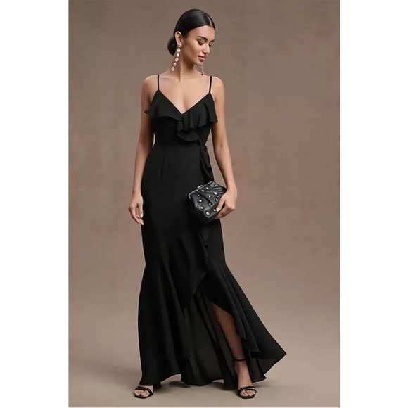 BHLDN Dresses & Skirts - NWT BHLDN Hailee Ruffle-Neck Wrap Georgette Gown black bridesmaids dress size 12